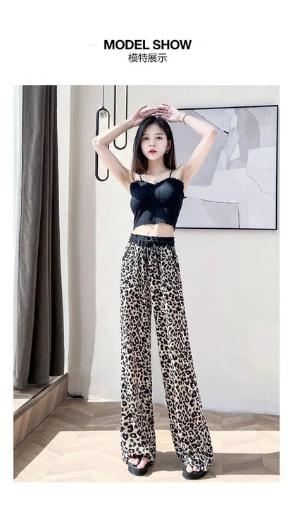 Leopard Ice Silk Print Wide Leg Pants Women's New Chiffon Drawstring High Waist Draped Floor Mopping Pants - Jungle Line