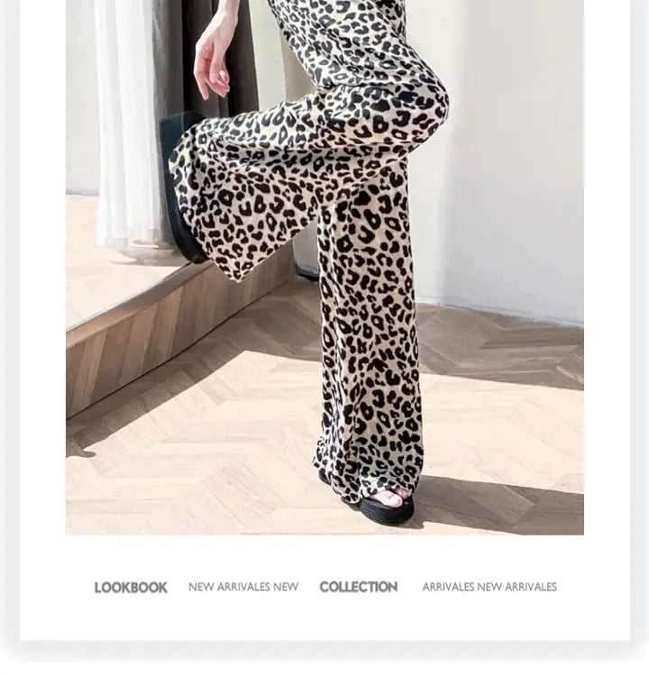Leopard Ice Silk Print Wide Leg Pants Women's New Chiffon Drawstring High Waist Draped Floor Mopping Pants - Jungle Line