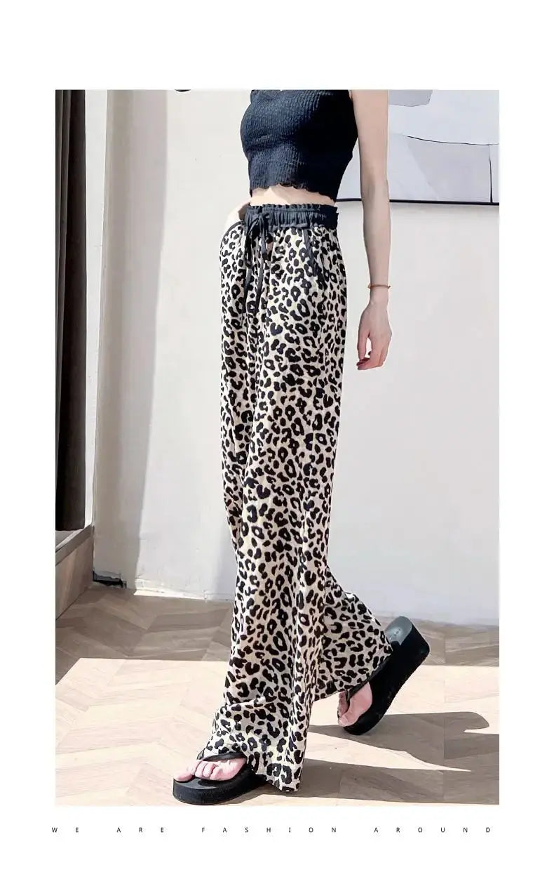 Leopard Ice Silk Print Wide Leg Pants Women's New Chiffon Drawstring High Waist Draped Floor Mopping Pants - Jungle Line