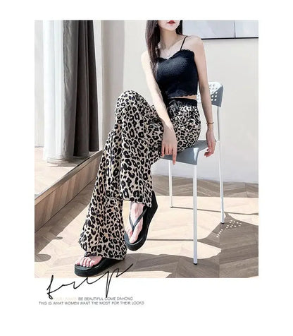 Leopard Ice Silk Print Wide Leg Pants Women's New Chiffon Drawstring High Waist Draped Floor Mopping Pants - Jungle Line