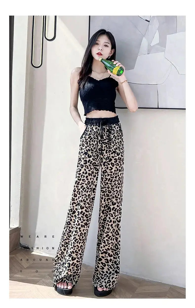 Leopard Ice Silk Print Wide Leg Pants Women's New Chiffon Drawstring High Waist Draped Floor Mopping Pants - Jungle Line