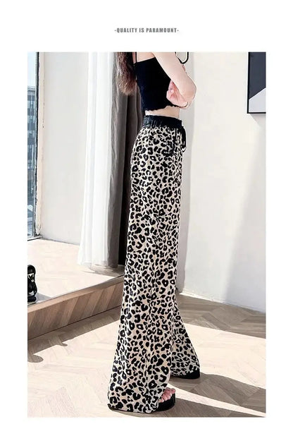 Leopard Ice Silk Print Wide Leg Pants Women's New Chiffon Drawstring High Waist Draped Floor Mopping Pants - Jungle Line