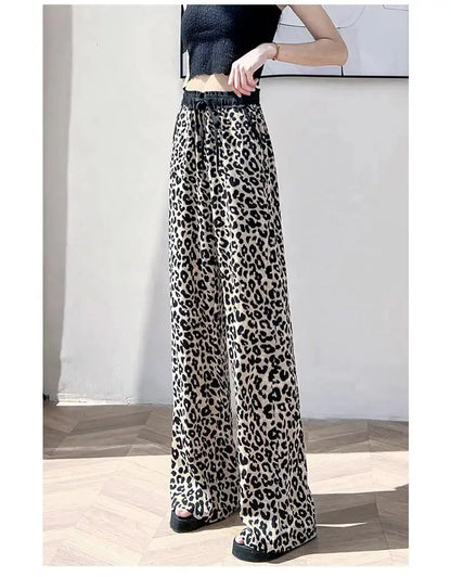 Leopard Ice Silk Print Wide Leg Pants Women's New Chiffon Drawstring High Waist Draped Floor Mopping Pants - Jungle Line