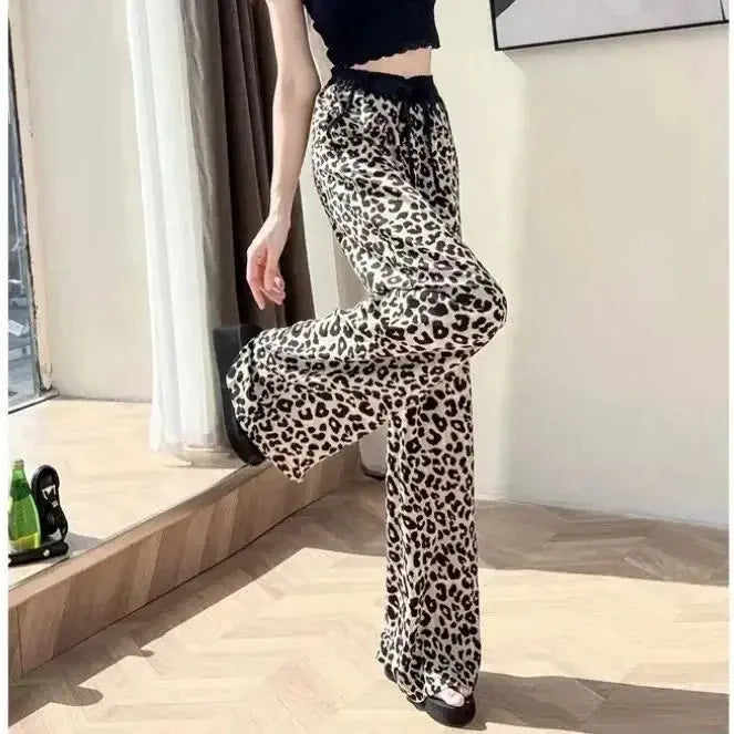 Leopard Ice Silk Print Wide Leg Pants Women's New Chiffon Drawstring High Waist Draped Floor Mopping Pants - Jungle Line