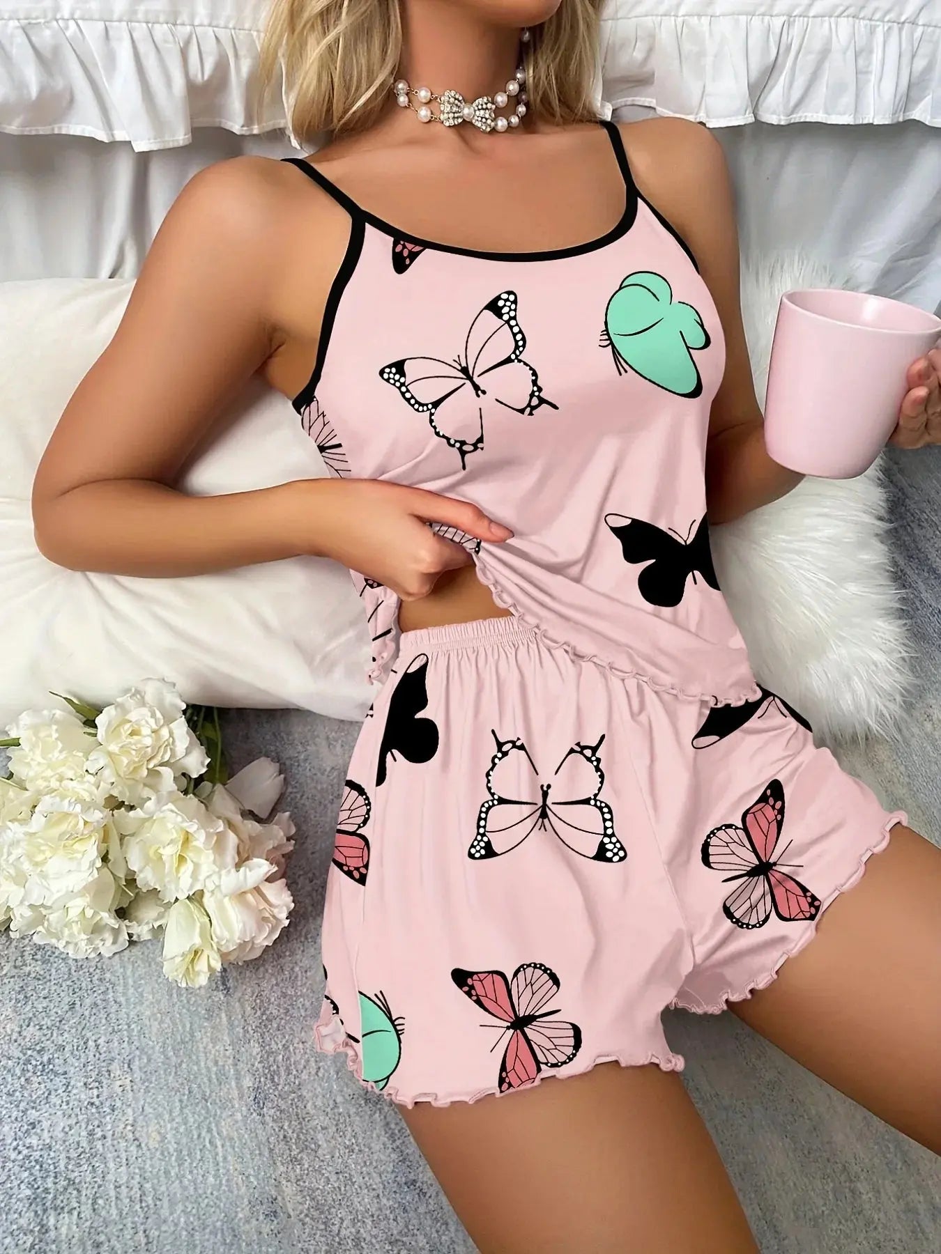 Butterfly Print Pajama Set Lettuce Trim Cami Top - Jungle Line