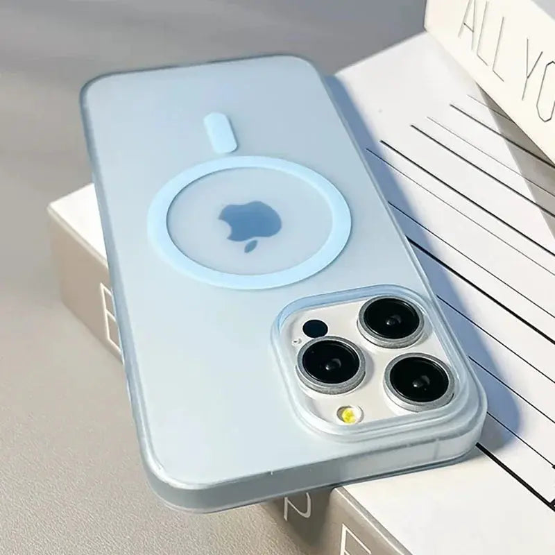 Jungle Line light blue ultra-thin matte magnetic wireless charger case for iPhone 14 Plus and iPhone 16, translucent hard PC cover