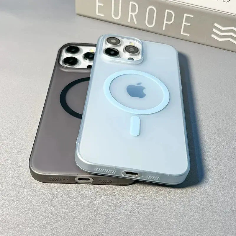 Light-blue Jungle Line ultra-thin matte magnetic wireless charger case for iPhone 14 Plus and other models, translucent hard PC cover.