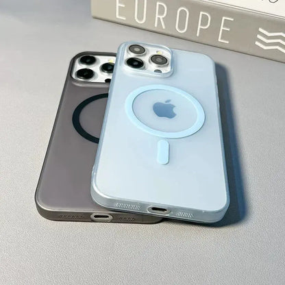 Light-blue Jungle Line ultra-thin matte magnetic wireless charger case for iPhone 14 Plus and other models, translucent hard PC cover.