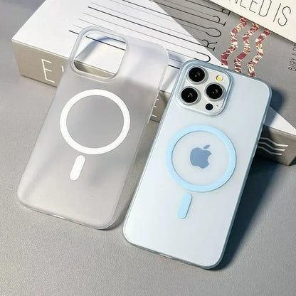 Light blue Jungle Line ultra-thin matte magnetic wireless charger case for iPhone 14 Plus, 13, 12 Pro Max, translucent hard PC cover.