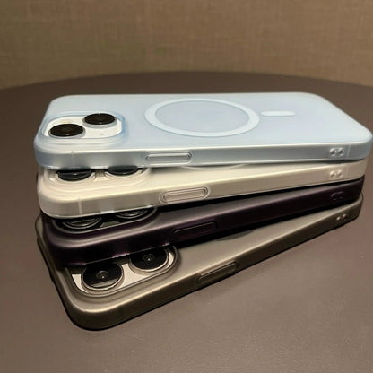 Light blue Jungle Line ultra-thin matte magnetic wireless charger case for iPhone 14 Plus, 15, 16, with translucent hard PC design.