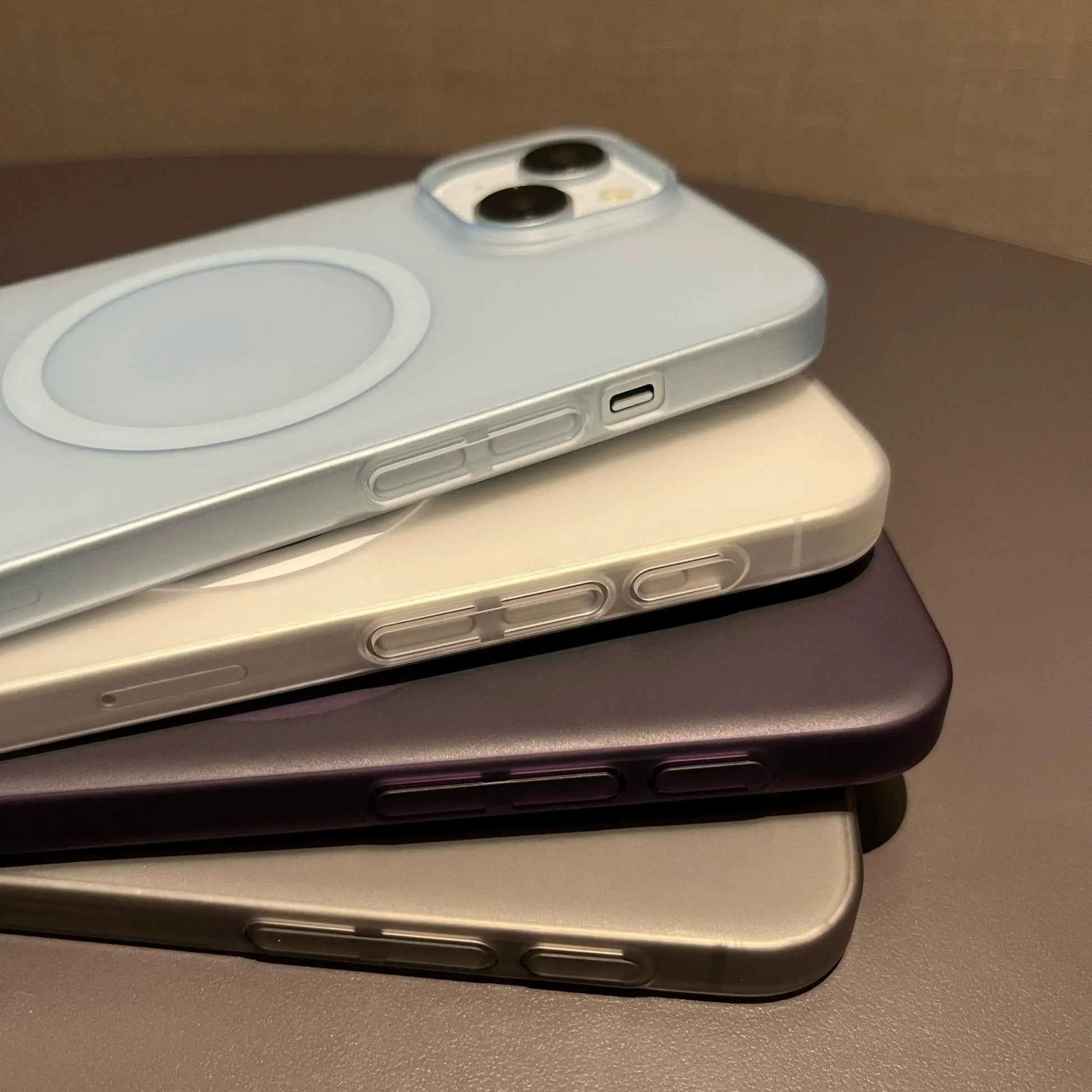 Light blue Jungle Line ultra-thin matte magnetic wireless charger case for iPhone 14 Plus and other models, hard translucent PC cover.
