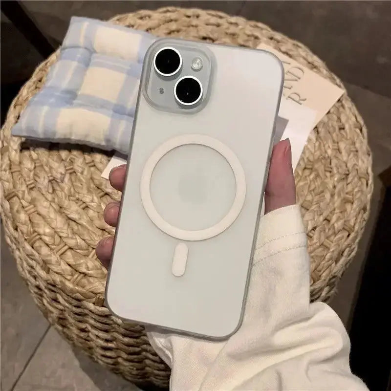 Jungle Line light blue ultra-thin matte magnetic wireless charger case for iPhone 14 Plus, 15, 16, with hard PC translucent cover.