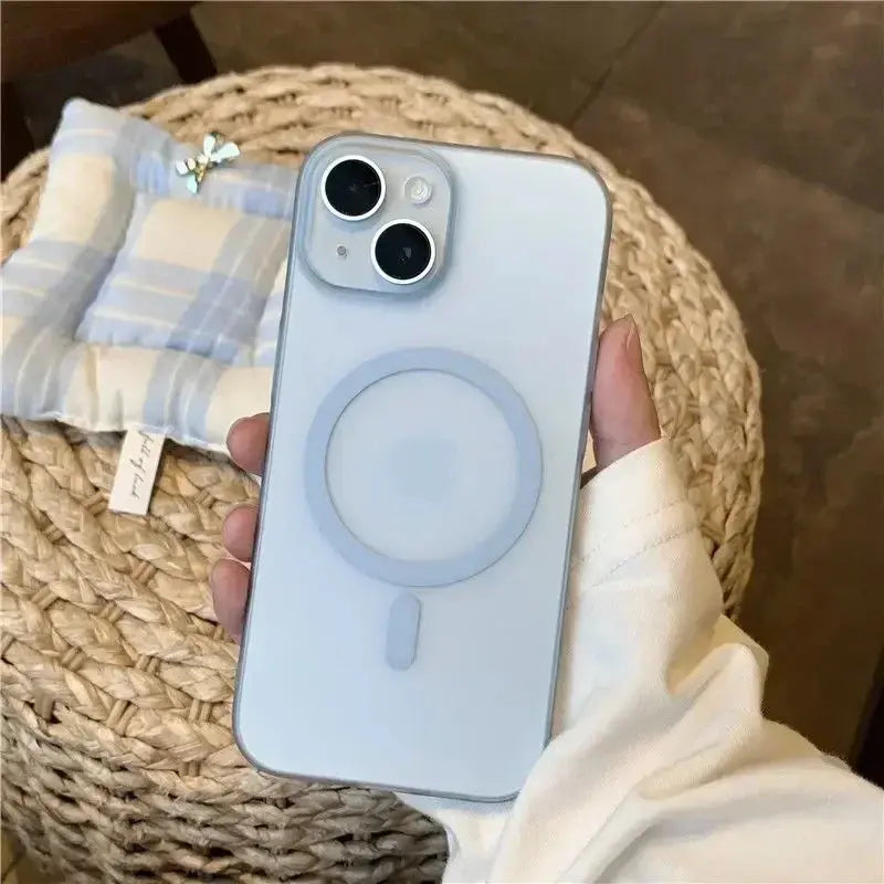 Light blue Jungle Line ultra-thin matte magnetic wireless charger case for iPhone 14 Plus, 15, 16, with hard translucent PC cover.