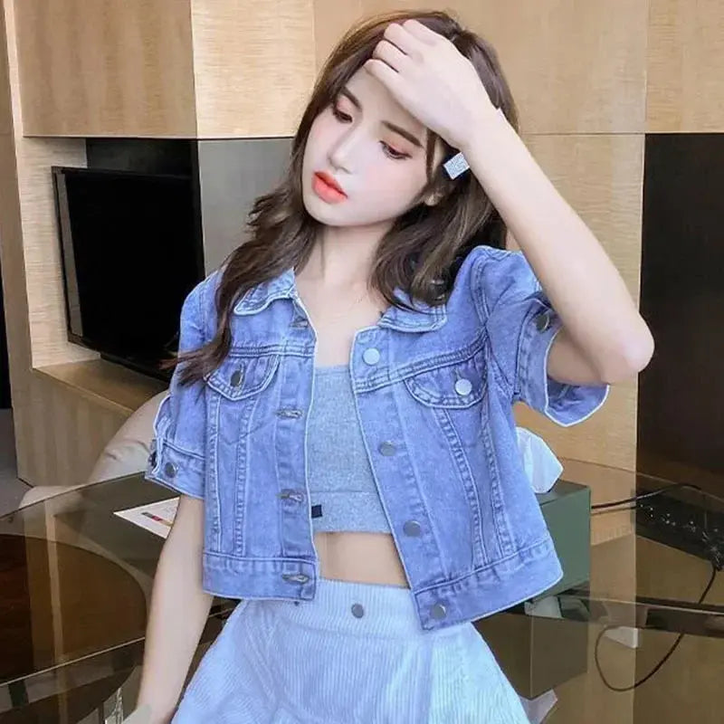 Fashion Buttons Casual Jean Coat Cropped Denim Jacket Women Summer Loose Korean Solid Short Sleeve Turn Down Collar Outerwear - Jungle Line