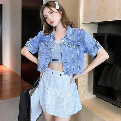 Fashion Buttons Casual Jean Coat Cropped Denim Jacket Women Summer Loose Korean Solid Short Sleeve Turn Down Collar Outerwear - Jungle Line
