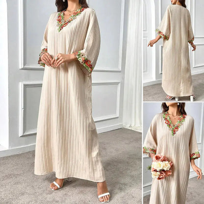 Rafiah Boutique Women's Even Dress Modest Fashion Screw Thread Sophisticated Long Sleeve V-Neck Appliques Loose Fit Dresses - Jungle Line