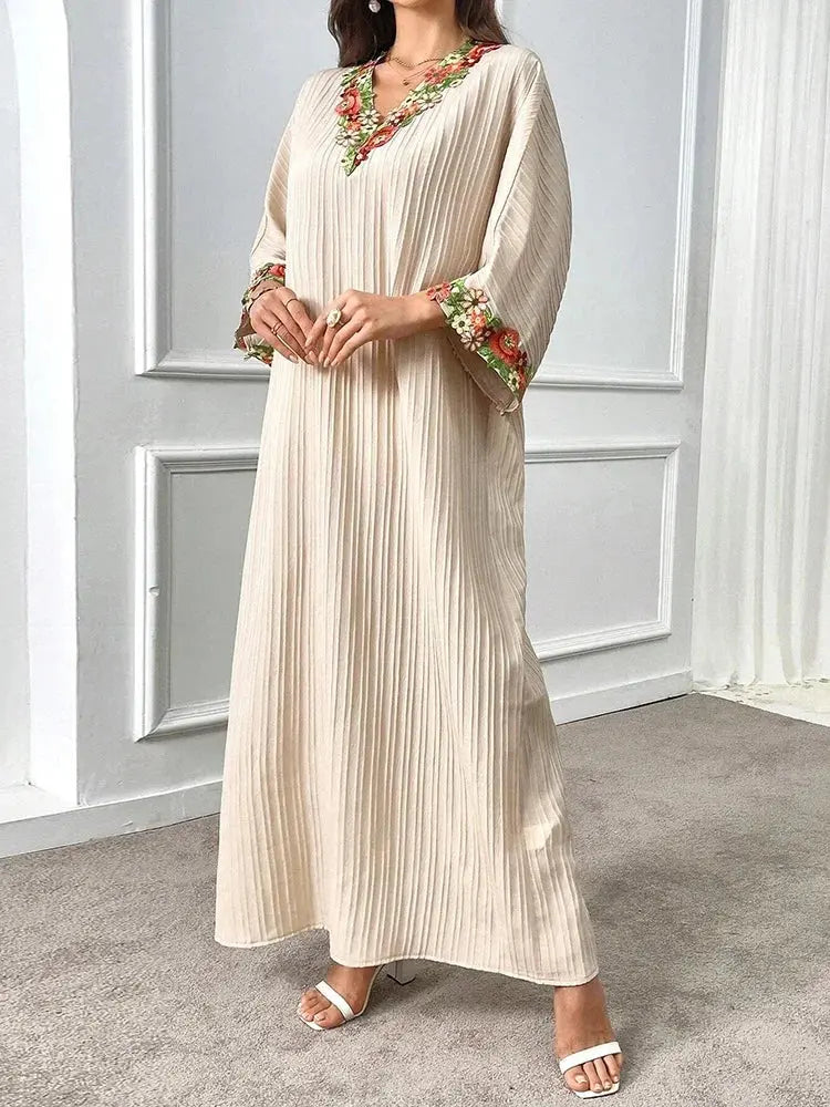 Rafiah Boutique Women's Even Dress Modest Fashion Screw Thread Sophisticated Long Sleeve V-Neck Appliques Loose Fit Dresses - Jungle Line