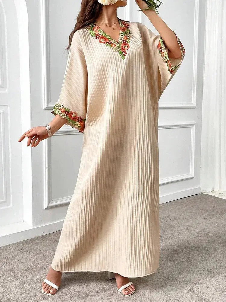 Rafiah Boutique Women's Even Dress Modest Fashion Screw Thread Sophisticated Long Sleeve V-Neck Appliques Loose Fit Dresses - Jungle Line