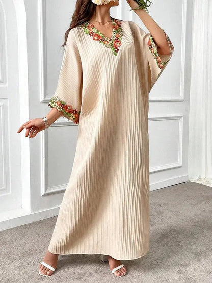 Rafiah Boutique Women's Even Dress Modest Fashion Screw Thread Sophisticated Long Sleeve V-Neck Appliques Loose Fit Dresses - Jungle Line