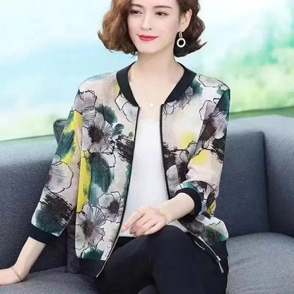New Summer Fashionable Large Size Short Jacket For Women Loose Fit Sun Protection Clothing V-Neck Cardigan Top For Elderly - Jungle Line