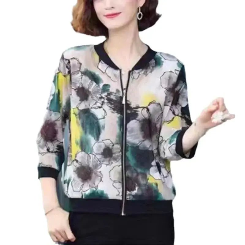 New Summer Fashionable Large Size Short Jacket For Women Loose Fit Sun Protection Clothing V-Neck Cardigan Top For Elderly - Jungle Line