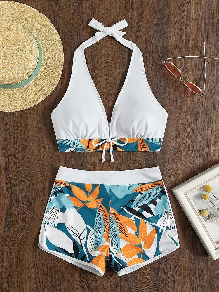 2023 Halter Bikini Set Short Swimsuit Women High Waist Swimwear Female Printed Bathers Swimming Bathing Swim Suit Beachwear - Jungle Line