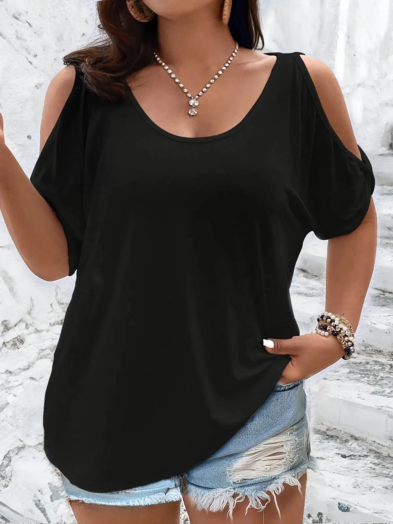 Plus Size Cold Shoulder T-Shirt for Women Casual Loose Fit Summer Top with Trendy Cutouts - Jungle Line