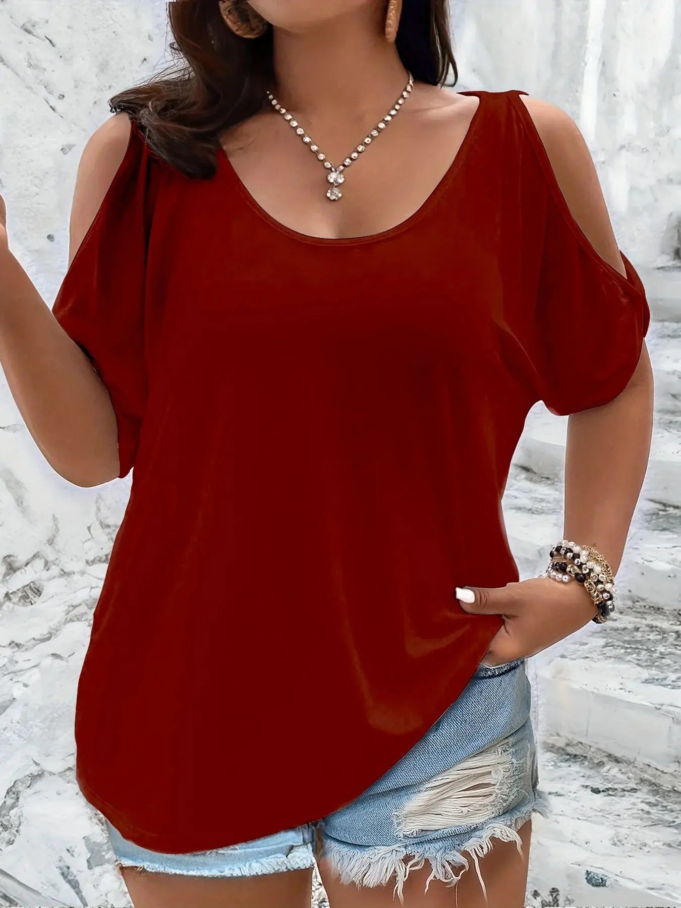 Plus Size Cold Shoulder T-Shirt for Women Casual Loose Fit Summer Top with Trendy Cutouts - Jungle Line