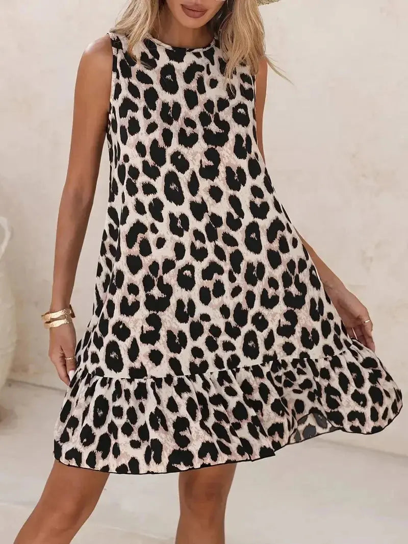 Elegant sleeveless leopard print summer round-neck bow-back design dress - Jungle Line