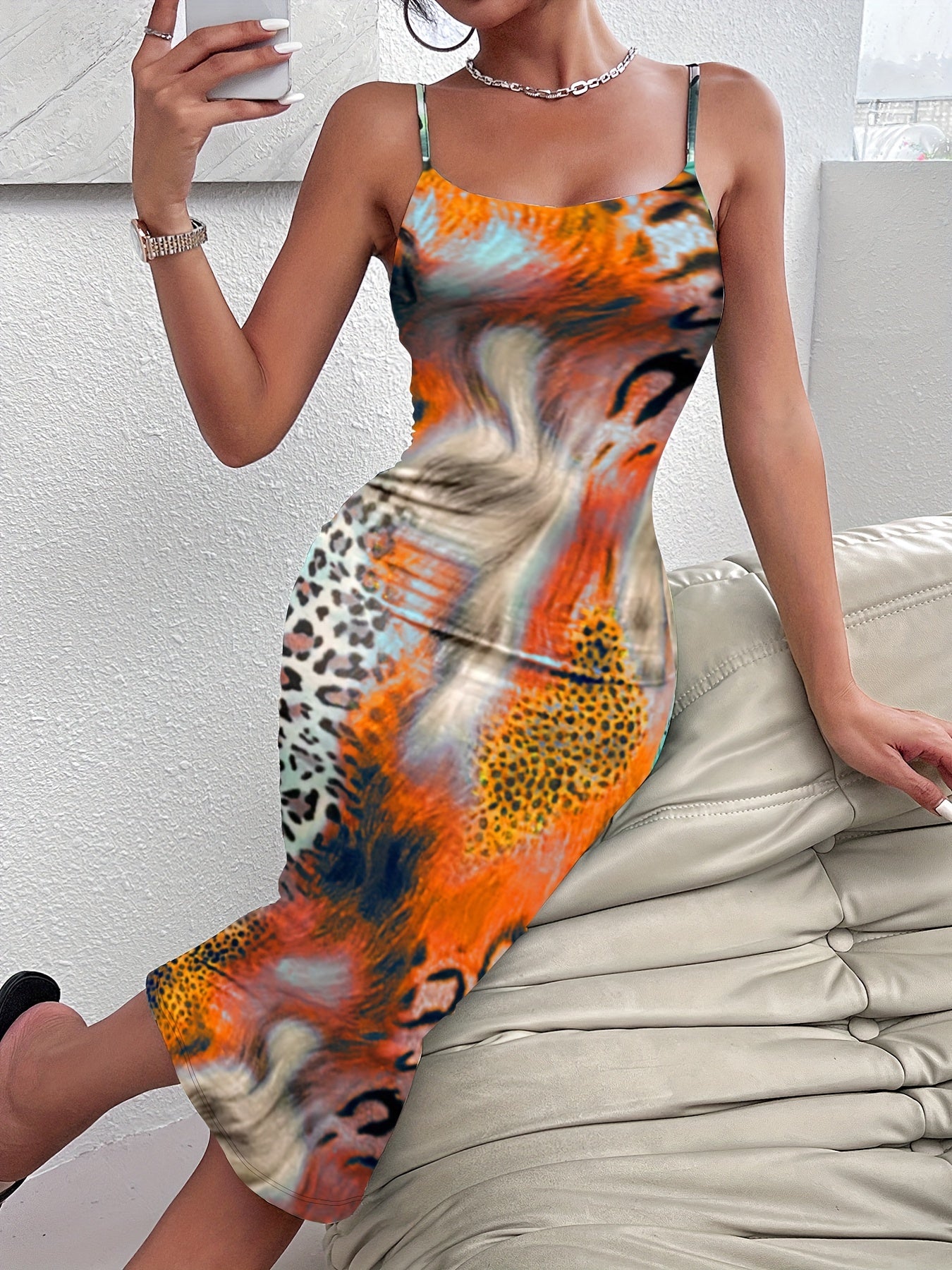 Leopard Print Backless Dress, Sexy Bodycon Spaghetti Strap Dress, Women's Clothing - Jungle Line