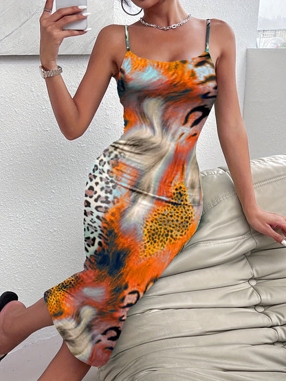Leopard Print Backless Dress, Sexy Bodycon Spaghetti Strap Dress, Women's Clothing - Jungle Line