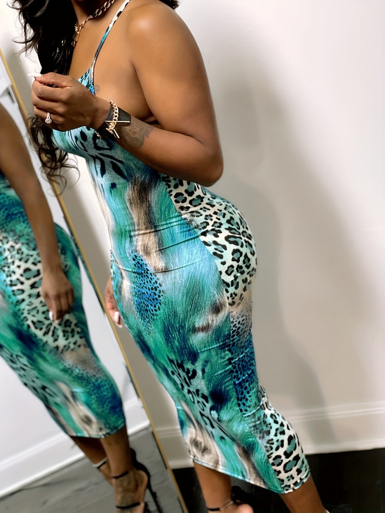 Leopard Print Backless Dress, Sexy Bodycon Spaghetti Strap Dress, Women's Clothing - Jungle Line