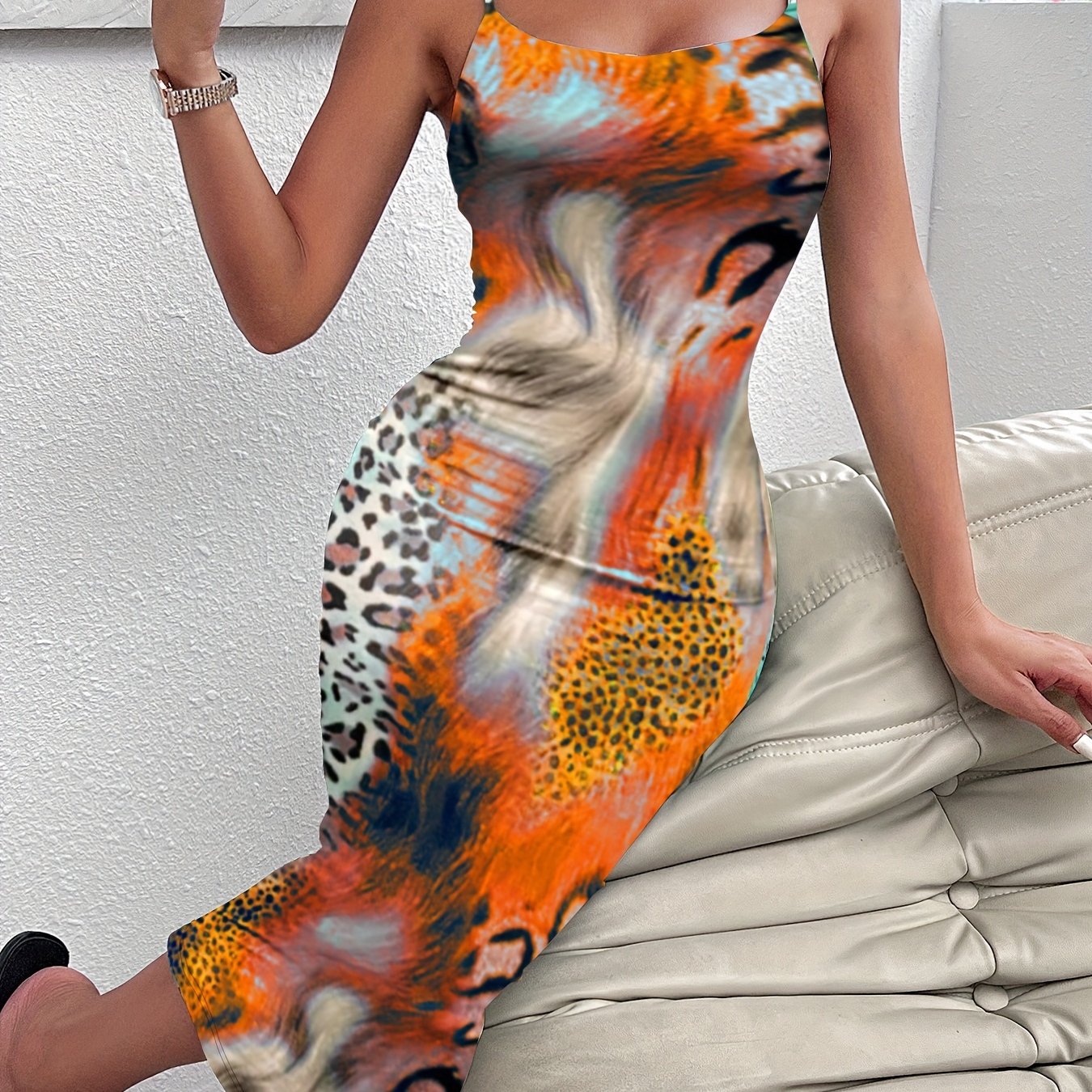 Leopard Print Backless Dress, Sexy Bodycon Spaghetti Strap Dress, Women's Clothing - Jungle Line