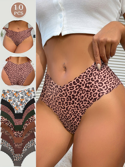 Lot de 10 culottes sans couture Jungle Line, tanga confortable, respirant, à motifs léopard et couleurs unies pour femmes.