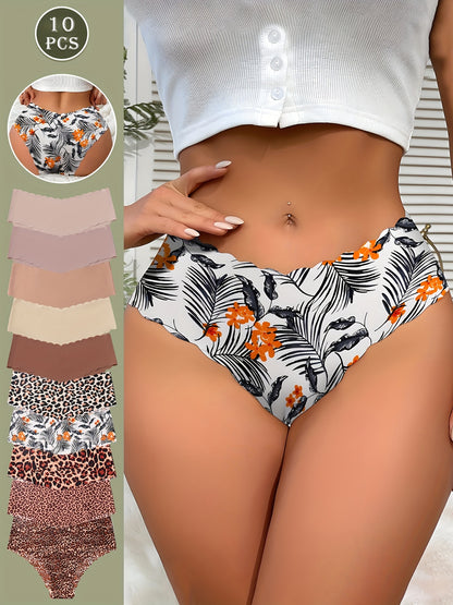 Lot de 10 culottes femme sans couture à bord scallop, en dentelle respirante, élastique, avec imprimé léopard et couleurs unies.