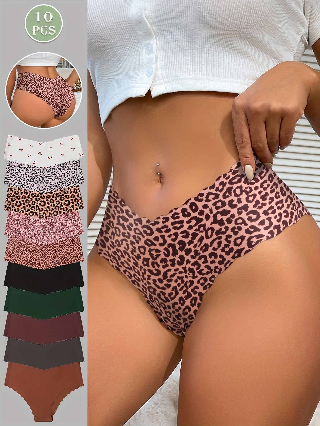 Série de 10 culottes sans couture avec bordure en scallop, en dentelle, imprimé léopard ou couleur unie, pour femmes et confortables.