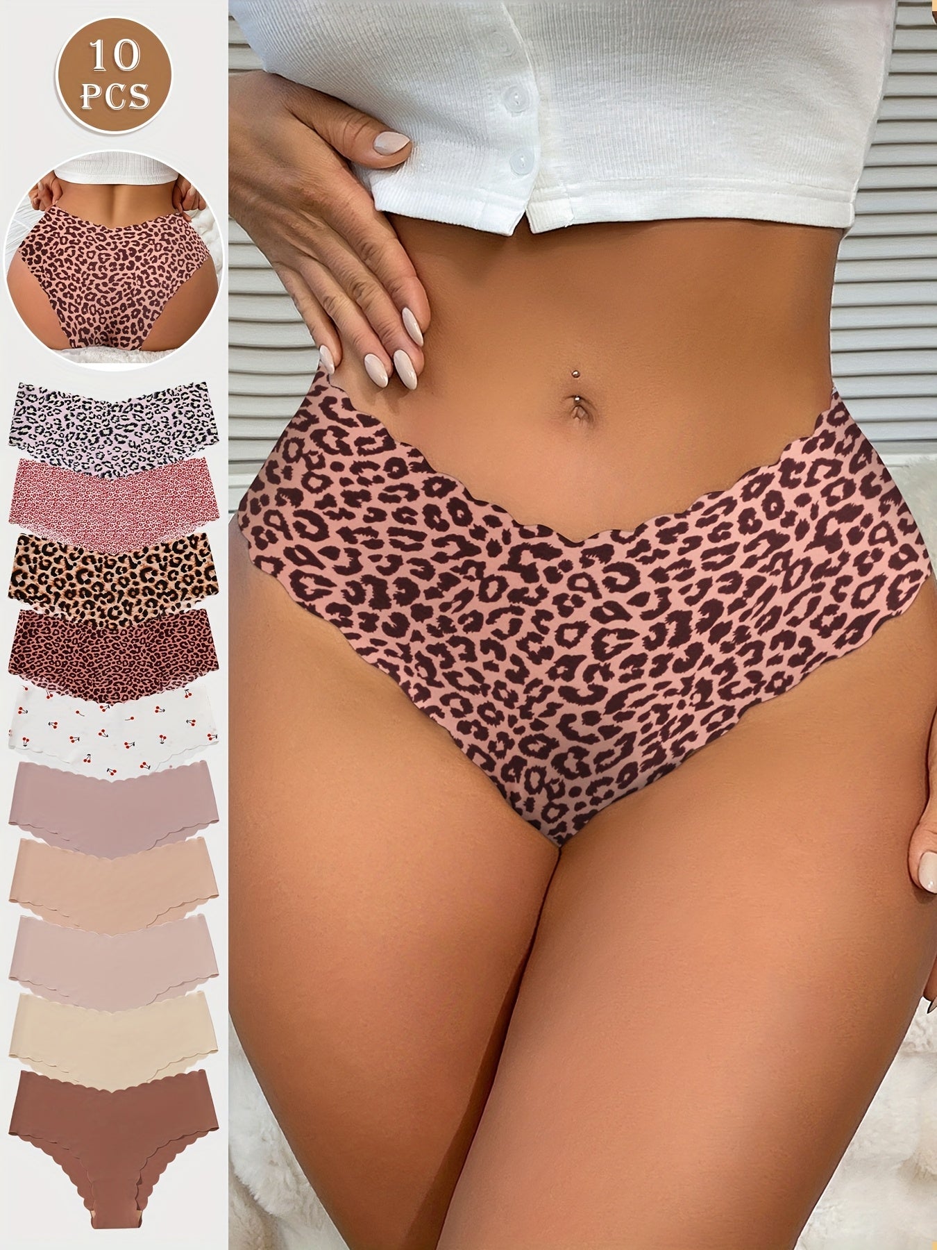 Culottes sans couture Jungle Line avec ourlet scallop, en coton respirant, motif léopard ou uni, pour femmes, confort et élasticité.