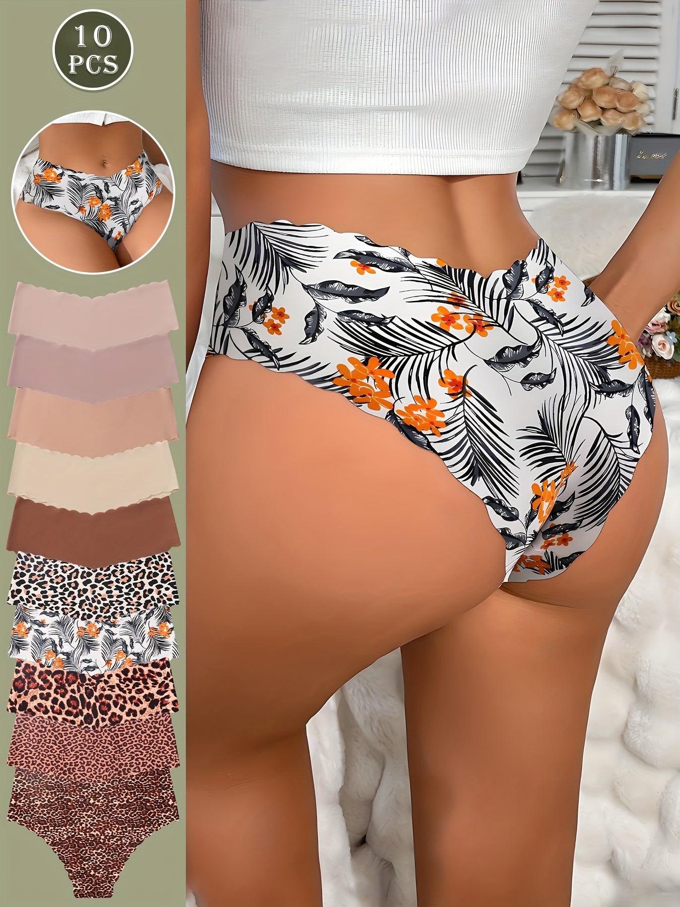 Cinq sous-vêtements féminins Jungle Line, culottes sans coutures à bords festonnés, motifs léopard et couleurs unies, confortables.