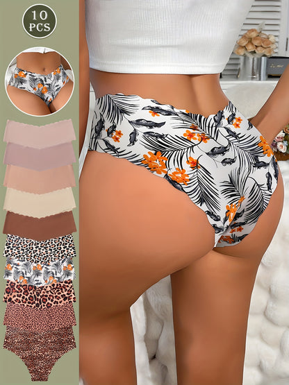 Cinq sous-vêtements féminins Jungle Line, culottes sans coutures à bords festonnés, motifs léopard et couleurs unies, confortables.