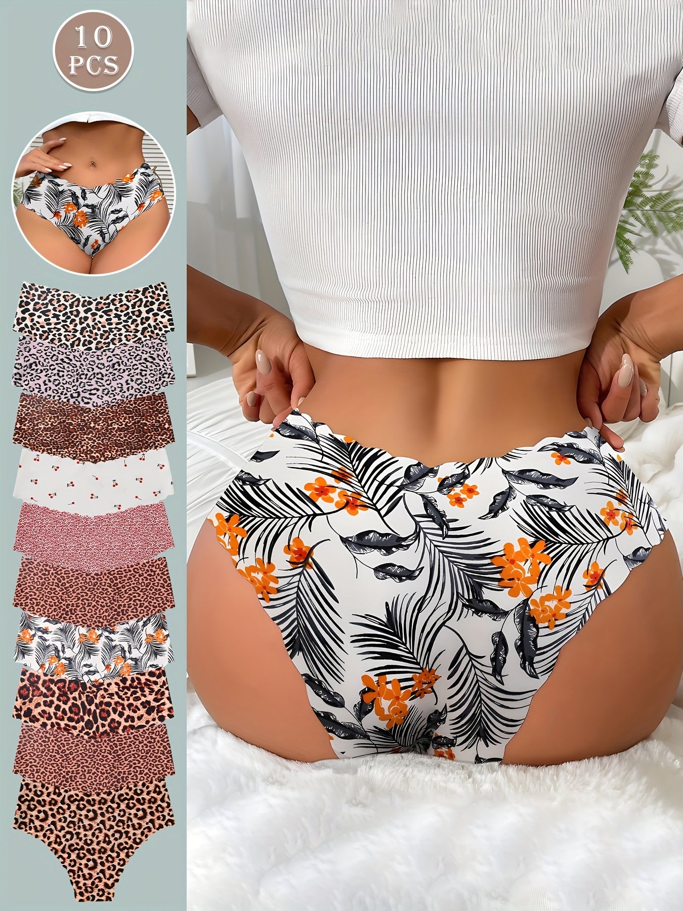 Cinq pièces de culottes femme Jungle Line, sans couture, élastiques, avec motifs léopard et couleurs unies, confortables et respirantes.