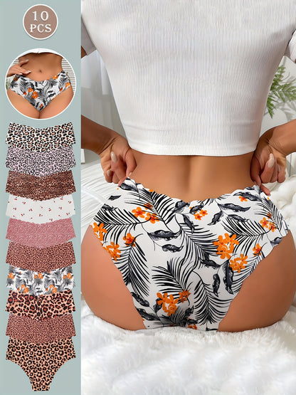 Cinq pièces de culottes femme Jungle Line, sans couture, élastiques, avec motifs léopard et couleurs unies, confortables et respirantes.