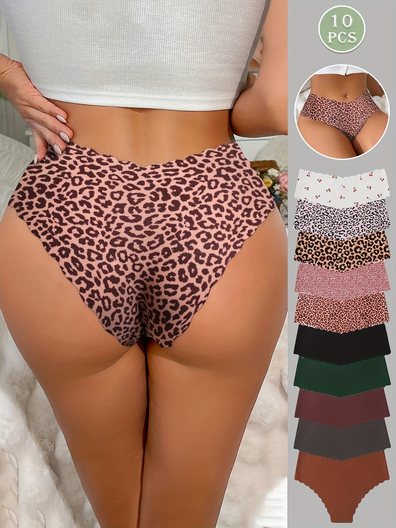 Lot de 10 culottes sans couture avec bord scallop, en coton respirant, motifs léopard et couleurs unies, pour femmes.