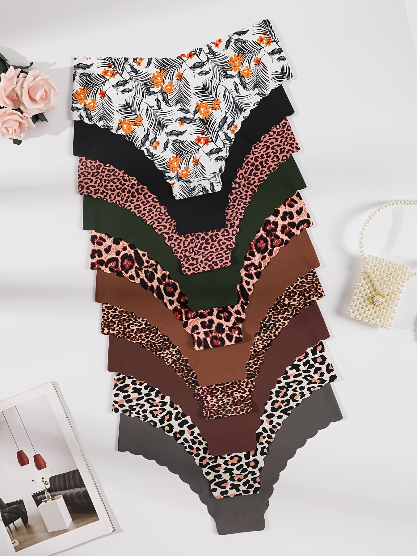 Culottes femme Jungle Line, 10 pièces sans couture avec bordure festonnée, imprimé léopard et couleurs unies, confortables et respirantes.