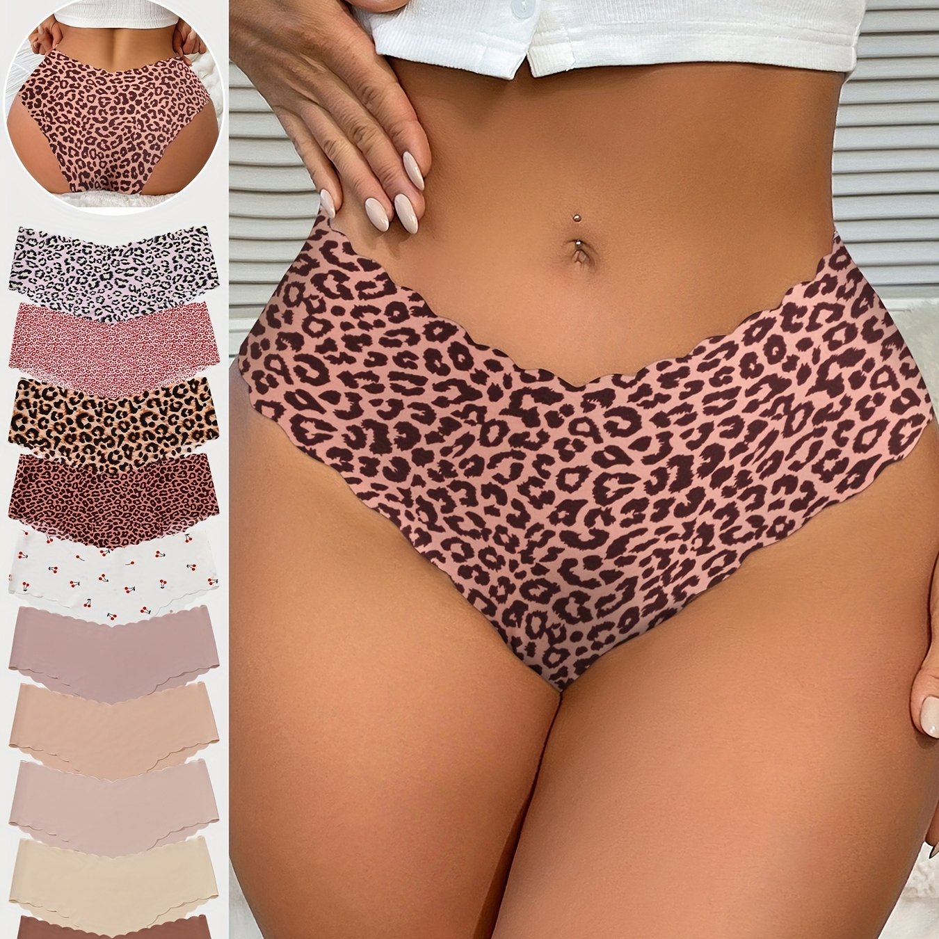 Culottes pour femmes Jungle Line, lot de 10, Seamless, à bord scallop, imprimé léopard et couleurs unies, confortables et respirantes.