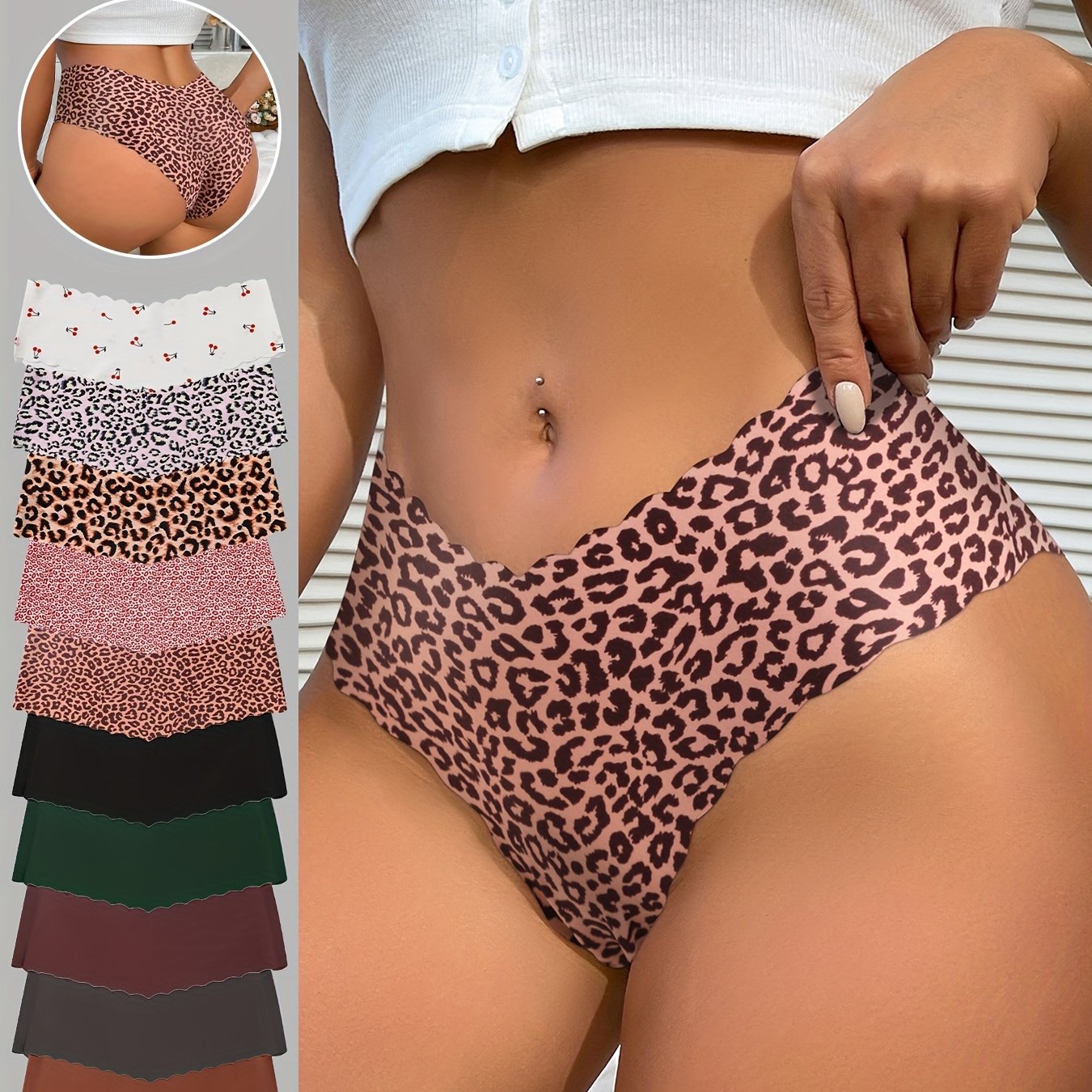 Lot de 10 culottes femme sans couture, respirantes, élastiques, avec imprimé léopard et couleurs unies, pour touts saisons.