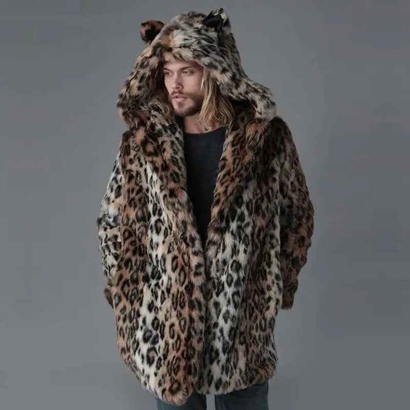 Plus Size Faux Fur Jacket For Men  Winter Male Leopard Jungle Line