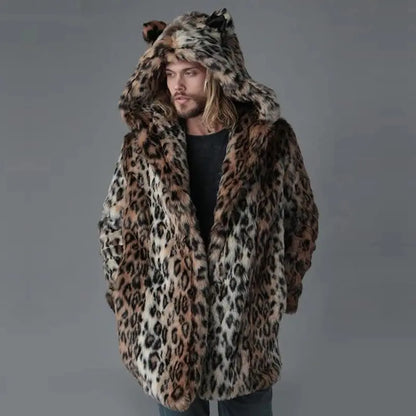 Plus Size Faux Fur Jacket For Men  Winter Male Leopard Jungle Line