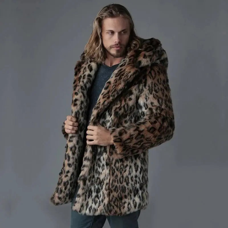 Plus Size Faux Fur Jacket For Men  Winter Male Leopard Jungle Line