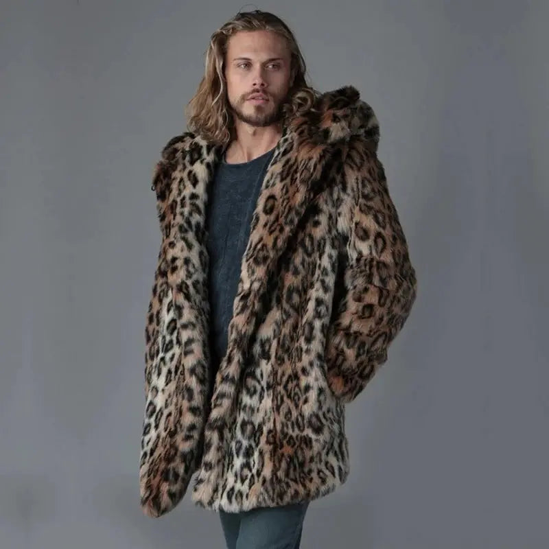 Plus Size Faux Fur Jacket For Men  Winter Male Leopard Jungle Line