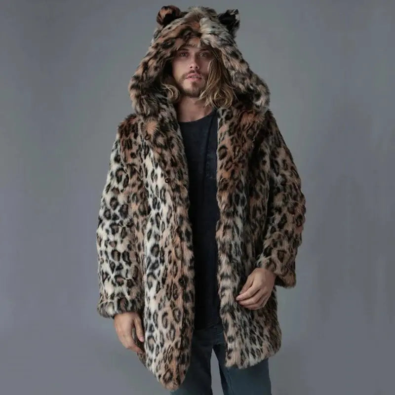 Plus Size Faux Fur Jacket For Men  Winter Male Leopard Jungle Line